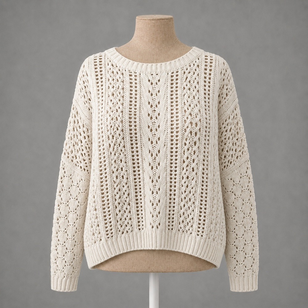 Crochet Open Knit Fisherman Sweater Size Large Cream Preppy Pointelle Cottage